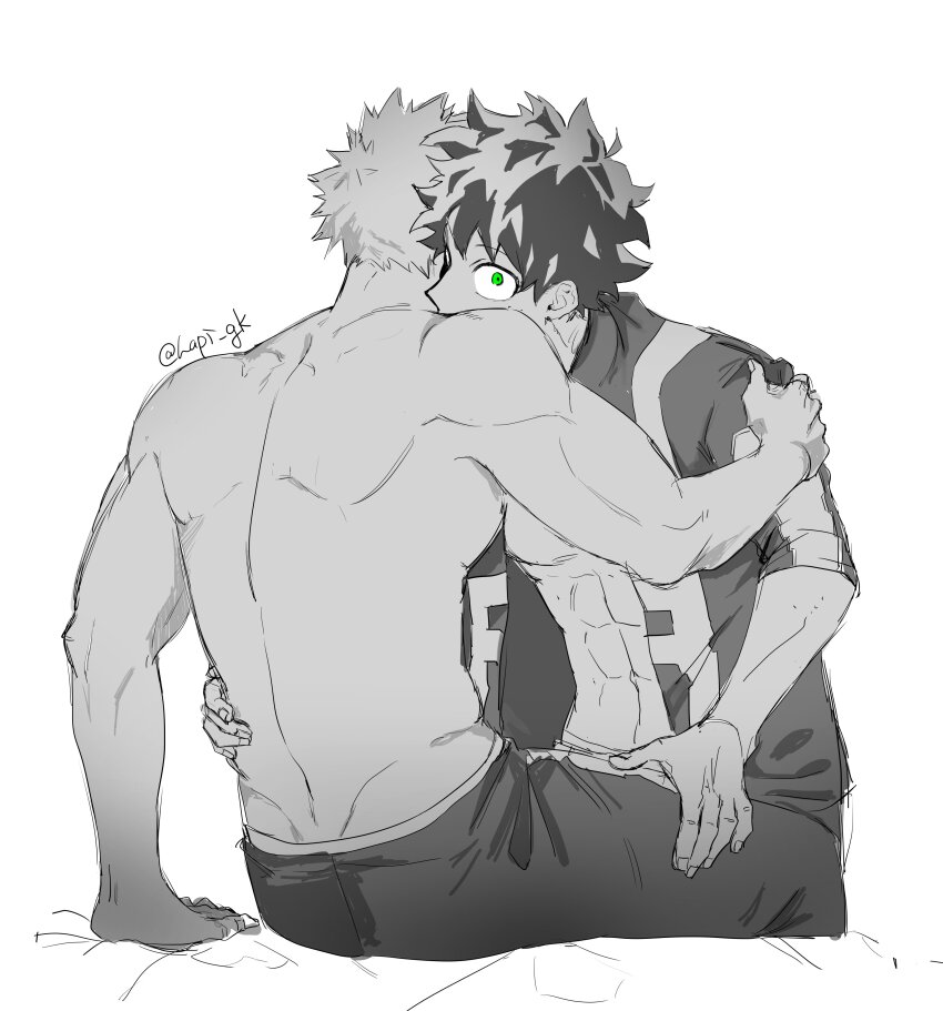 2boys abs absurdres arm_support back back_muscles bakugou_katsuki bare_pectorals boku_no_hero_academia commentary_request dimples_of_venus greyscale hand_on_another&#039;s_shoulder hand_on_another&#039;s_thigh hand_on_another&#039;s_waist hapi_gk highres jacket looking_at_viewer male_focus midoriya_izuku monochrome multiple_boys open_clothes open_jacket pants pectorals short_hair short_sleeves simple_background sitting spot_color topless_male twitter_username u.a._gym_uniform white_background yaoi