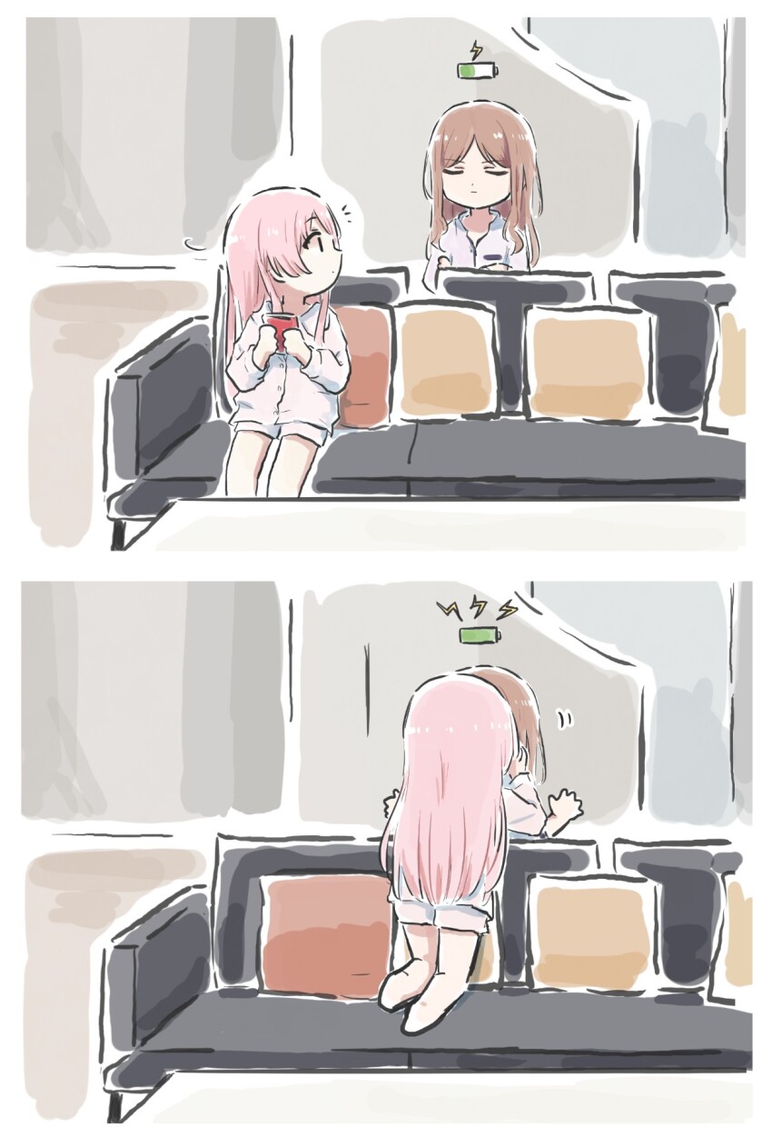 2girls bang_dream! bang_dream!_it&#039;s_mygo!!!!! barefoot brown_hair cellphone chihaya_anon closed_eyes commentary highres holding holding_phone indoors kiss long_hair lyy multiple_girls nagasaki_soyo pajamas phone pink_hair recharging shorts smartphone symbol-only_commentary white_shorts yuri