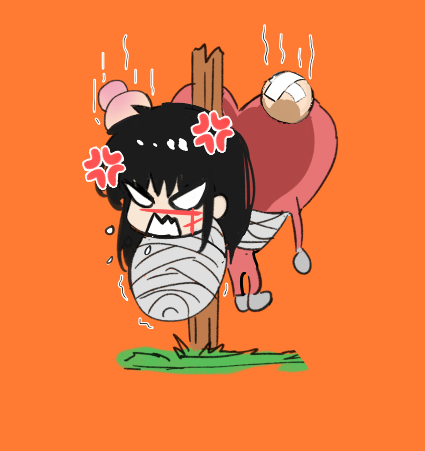 1girl angry black_hair bound bruise chainsaw_man demon_girl highres injury long_hair mangaka orange_background sailen0 scar scar_on_face tied_up_(nonsexual) wrapped_up yoru_(chainsaw_man)