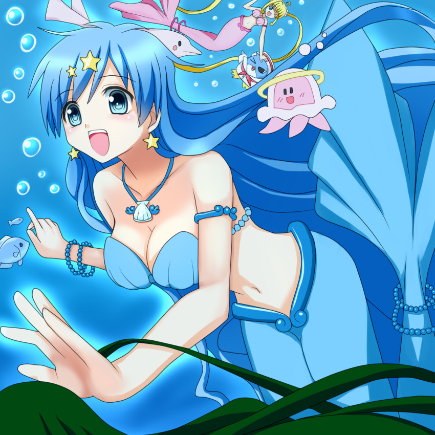 1other 2girls armlet bare_shoulders bikini bikini_top_only bird blonde_hair blue_bikini blue_eyes blue_hair bracelet breasts cleavage collarbone dolphin earrings fins fish fish_girl fish_tail green_eyes green_hair hair_ornament highres hippo_(mermaid_melody_pichi_pichi_pitch) houshou_hanon jellyfish jewelry large_breasts long_hair looking_at_another mermaid mermaid_melody_pichi_pichi_pitch midriff miru monster_girl multiple_girls nanami_lucia nanami_lucia_(mermaid) navel necklace penguin pink_bikini seashell shell shell_bikini square star_(symbol) star_earrings star_hair_ornament stomach swimsuit tail twintails