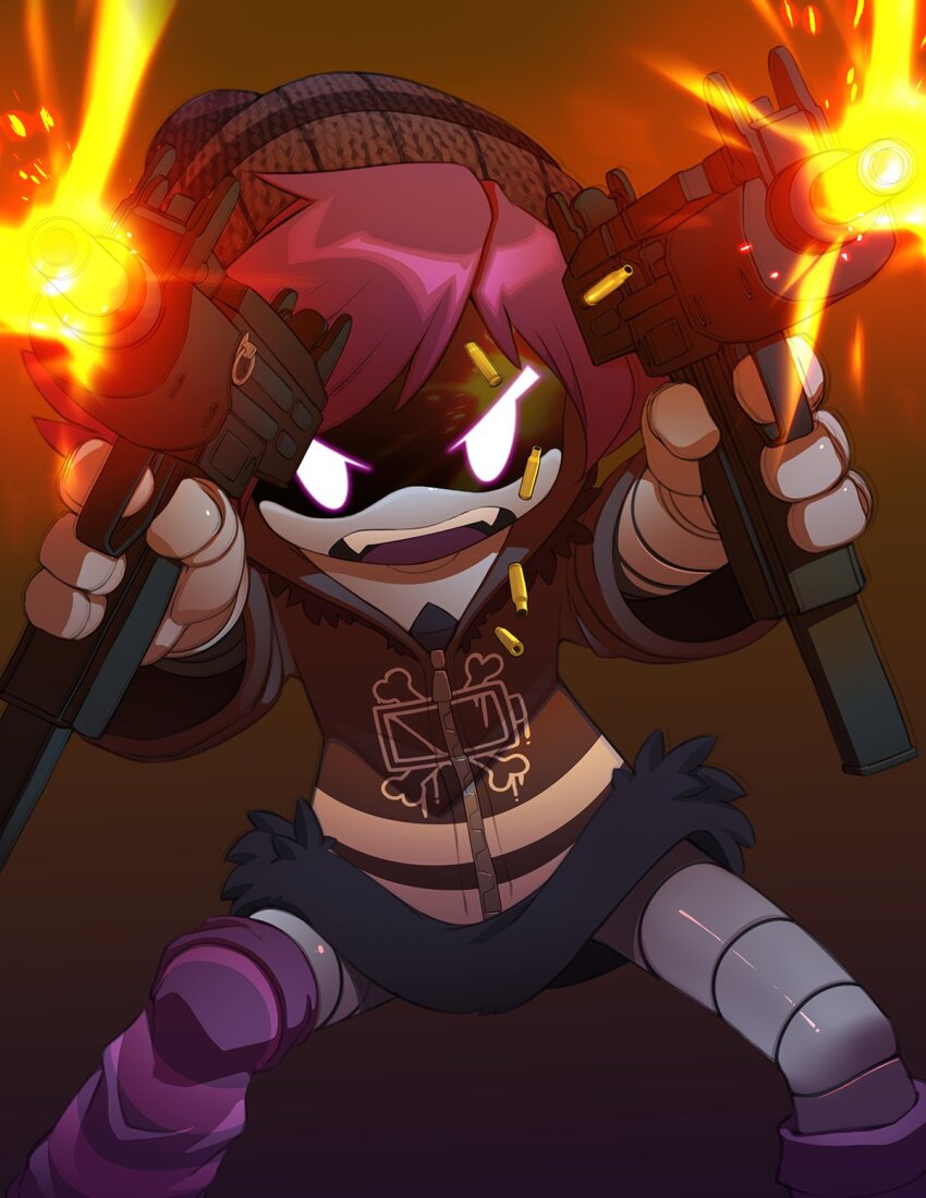 beanie_hat bleedman boots choker dual_wielding firing glitch_productions glowing glowing_eyes gun hat highres holding hood hoodie murder_drones purple_eyes purple_hair robot striped_legwear uzi uzi_(murder_drones) weapon weapons