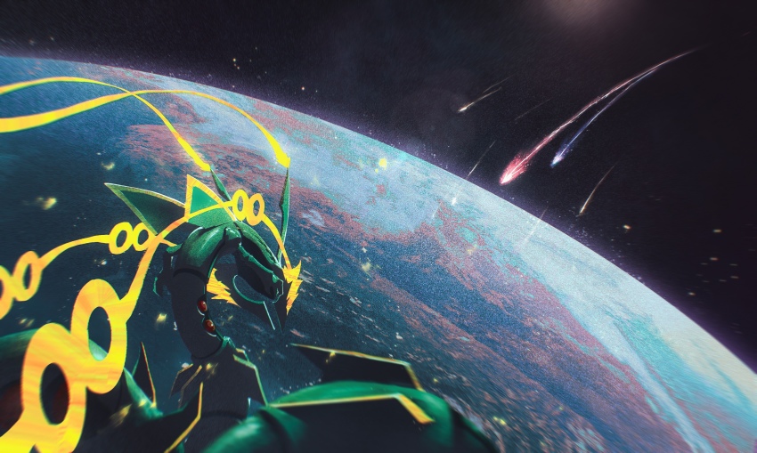 blurry commentary_request flying from_behind gen_3_pokemon highres legendary_pokemon mega_pokemon mega_rayquaza meteor_shower nintendo no_humans orbit outdoors pokemon pokemon_(creature) rayquaza shank solo space