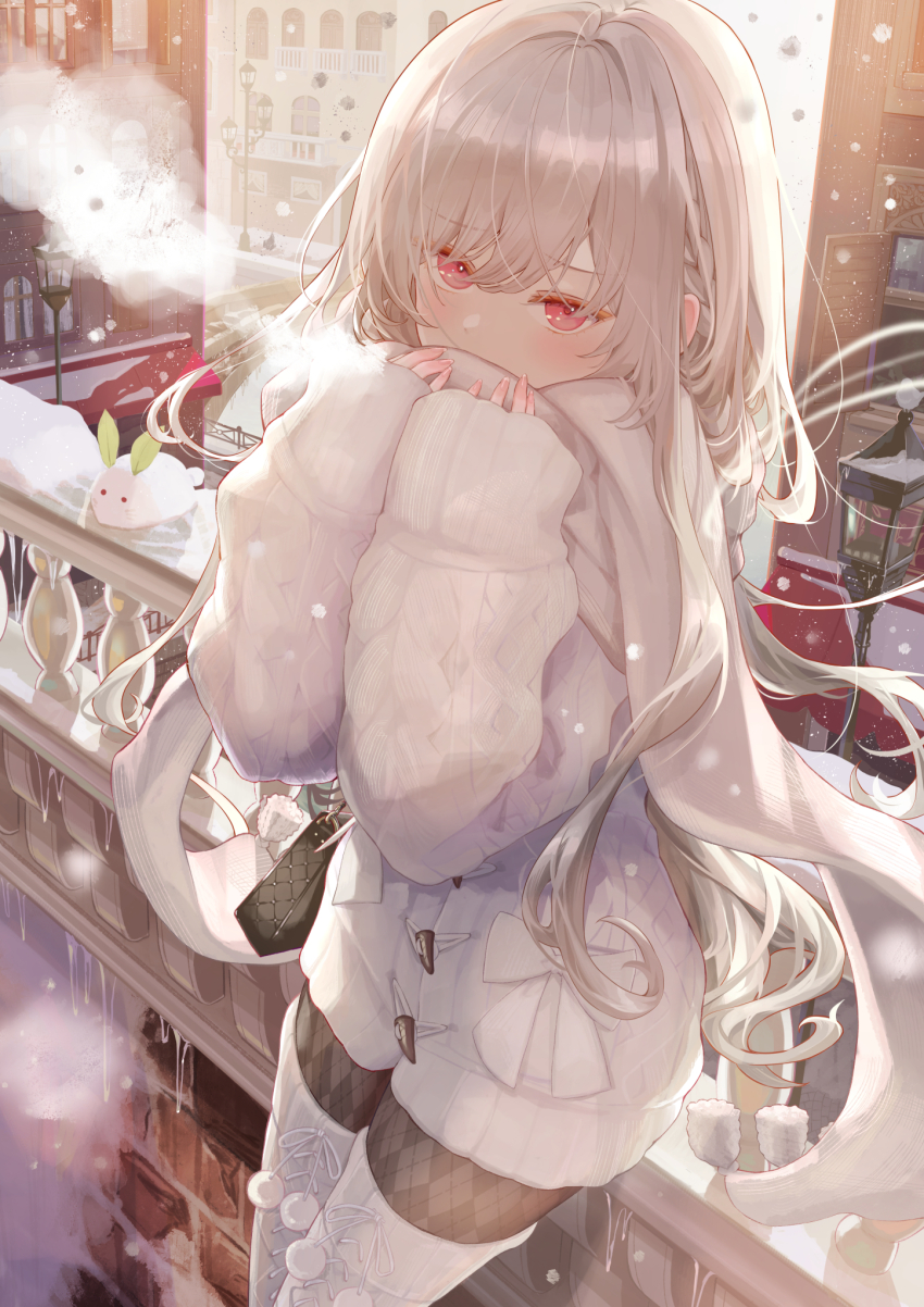 1girl bag balcony black_pantyhose blush boots coat commentary covering_own_mouth cowboy_shot english_commentary handbag highres icicle ito_lab lamppost light_particles long_hair looking_at_viewer original pantyhose plaid_pantyhose red_eyes road scarf snow snow_rabbit snowing solo street thigh_boots wavy_hair white_boots white_coat white_hair white_scarf wind