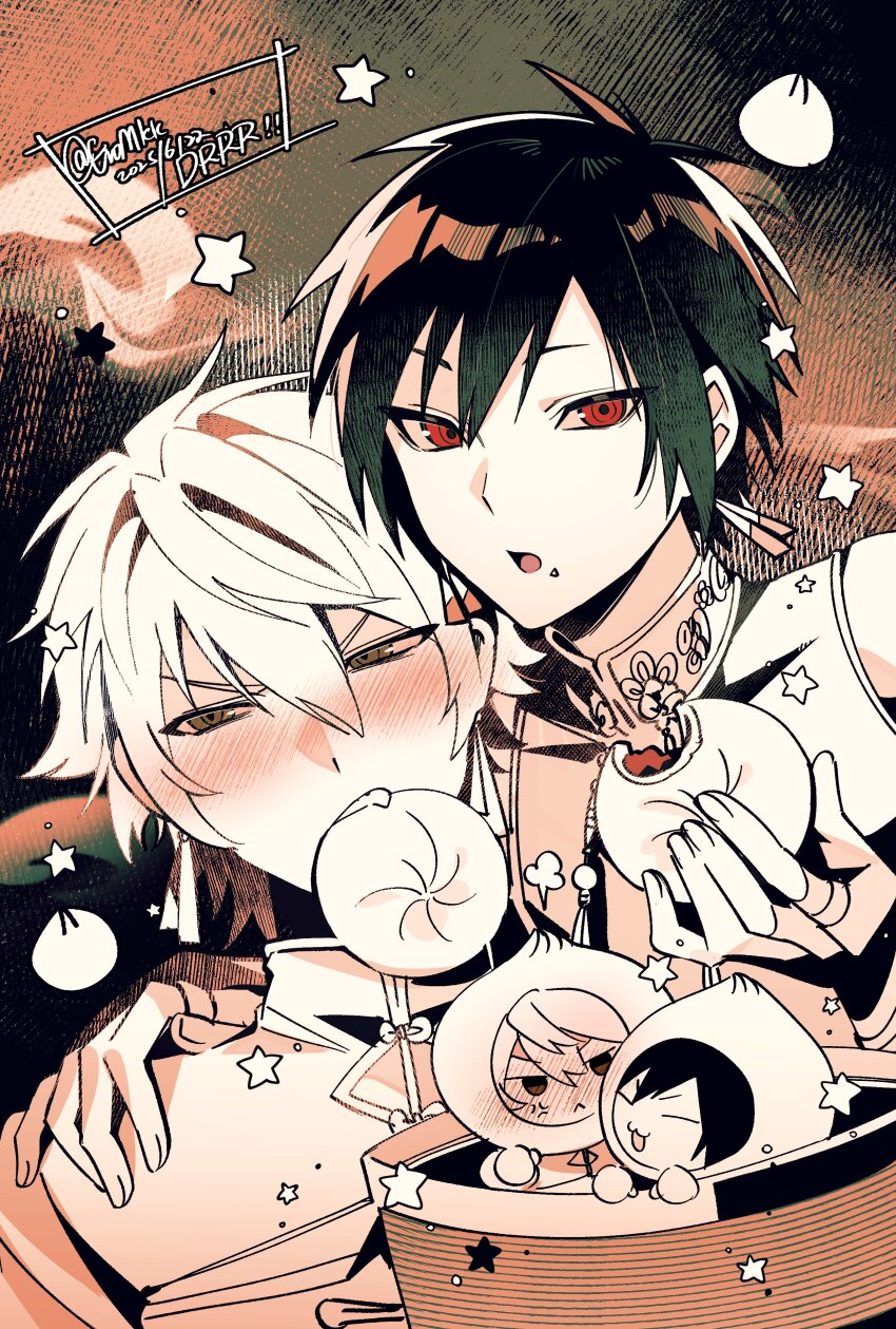 2boys :&lt; :3 absurdres anger_vein blush chibi chinese_clothes closed_eyes copyright_name dot_nose durarara!! eating eromkk food food_in_mouth food_on_face full-face_blush hair_behind_ear hair_between_eyes hand_on_another&#039;s_shoulder heiwajima_shizuo highres holding holding_food looking_at_viewer looking_to_the_side male_focus mandarin_collar multiple_boys open_mouth orihara_izaya red_eyes short_hair sideways_glance sleeveless smile star_(symbol) steamed_bun twitter_username upper_body