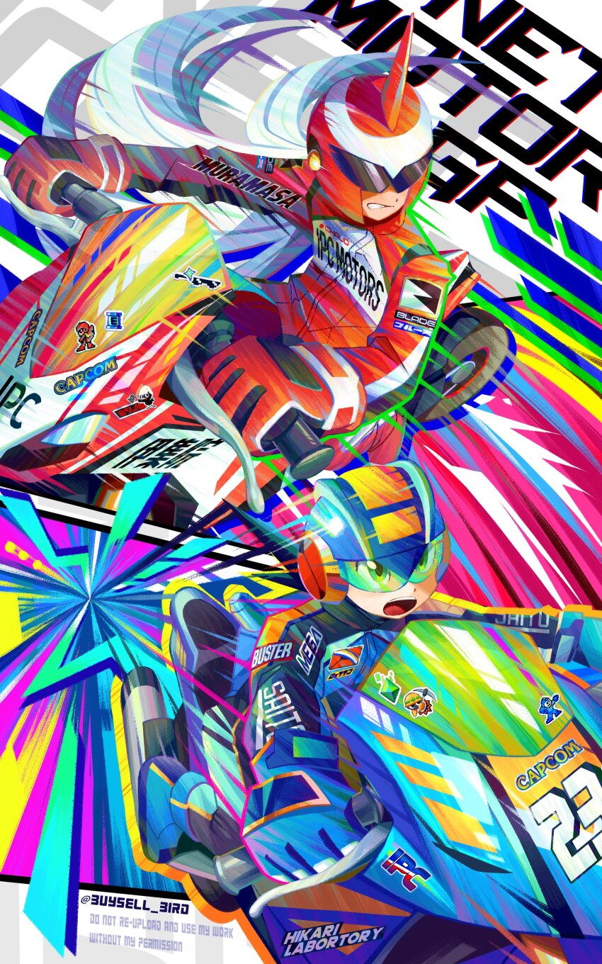 2boys absurdres alternate_costume assault_visor blue_helmet blue_jacket buysell_bird character_name clenched_teeth commentary english_text gloves green-tinted_eyewear grey_hair helmet highres jacket long_hair male_focus mega_man_(character) mega_man_(classic) mega_man_(series) mega_man_battle_network_(series) megaman.exe met_(mega_man) motor_vehicle motorcycle multiple_boys pants proto_man protoman.exe red_gloves red_helmet red_jacket red_pants riding sticker teeth tinted_eyewear twitter_username watermark