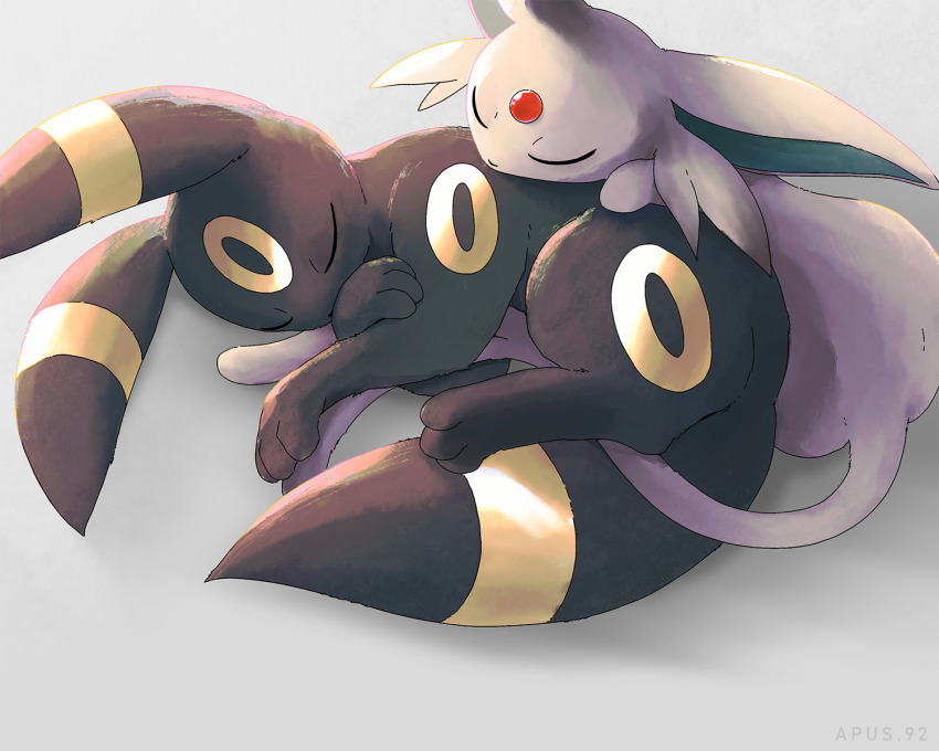 apus_92 artist_name closed_eyes commentary_request espeon forehead_jewel game_freak gen_2_pokemon highres lying lying_on_another nintendo no_humans on_side pokemon pokemon_(creature) pokemon_focus sleeping umbreon