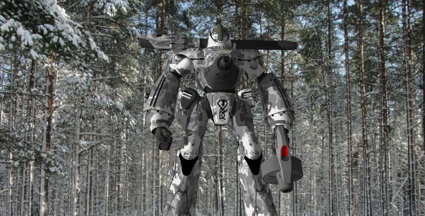3d alien armor camouflage cannon emblem energy_gun macross mecha no_humans power_armor ray_gun realistic robot science_fiction snow tree tyo0911 weapon zentradi