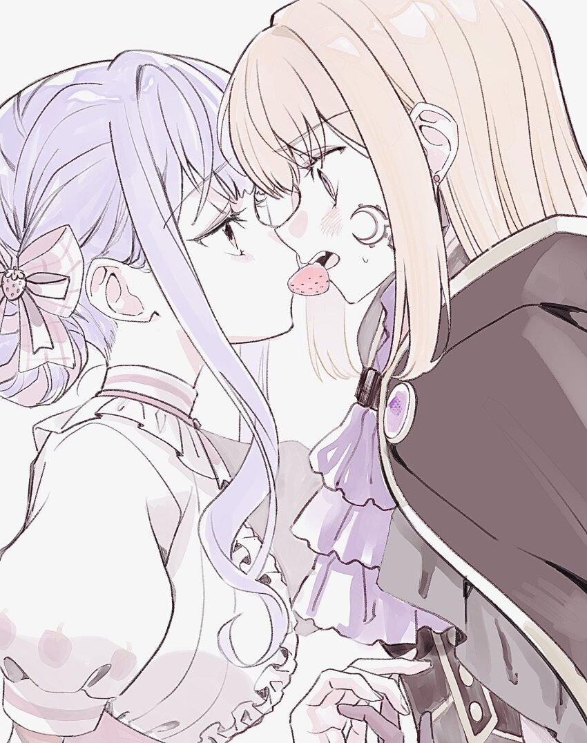 aver_(yumenokessho) bang_dream! bang_dream!_it&#039;s_mygo!!!!! blonde_hair cape ccc_cloudy crescent crescent_facial_mark doloris_(bang_dream!) dress eye_contact facial_mark food fruit gloves hair_ribbon highres holding_hands long_hair looking_at_another misumi_uika open_mouth pink_eyes purple_hair ribbon shared_food simple_background strawberry togawa_sakiko white_background yumenokessho yuri
