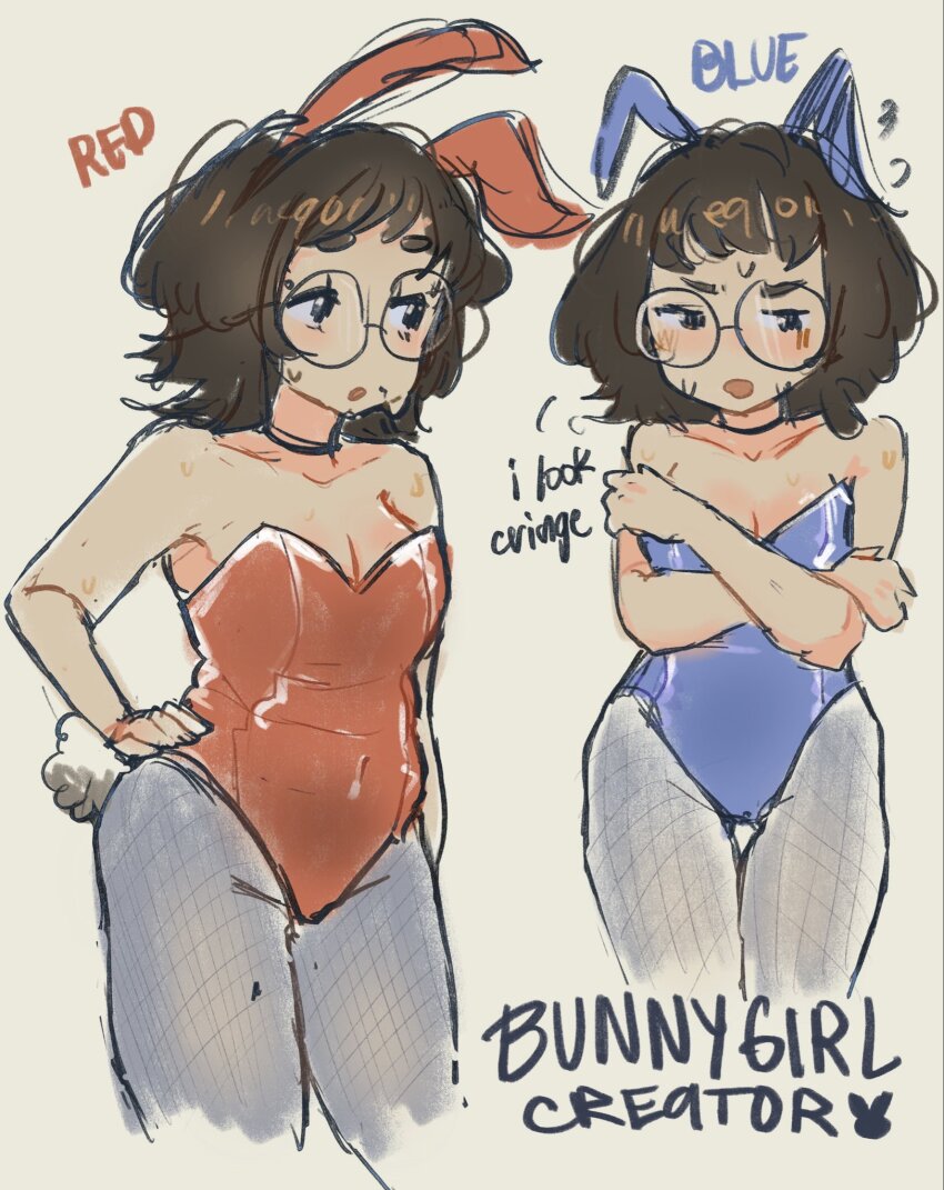 1girl blue_leotard blush breasts choker cleavage creator_(neneneqo) embarrassed fishnet_pantyhose fishnets glasses leotard medium_breasts mole mole_on_arm mole_on_thigh mole_under_eye mole_under_mouth neqo_(neneneqo) pantyhose playboy_bunny rabbit_ears rabbit_tail red_leotard simple_background solo sweat sweatdrop