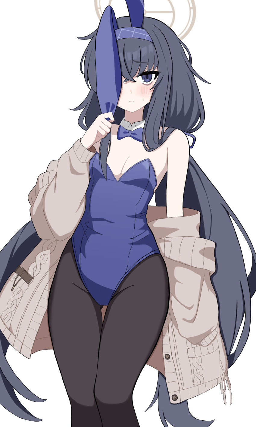 1girl absurdres alternate_costume animal_ear_hairband animal_ears appurike bags_under_eyes black_eyes black_hair black_pantyhose blue_archive blue_bow blue_bowtie blue_leotard bow bowtie brown_halo cardigan commentary_request detached_collar fake_animal_ears feet_out_of_frame hairband halo highres leotard long_hair looking_at_viewer pantyhose partial_commentary playboy_bunny purple_hairband rabbit_ears simple_background solo strapless strapless_leotard thigh_gap ui_(blue_archive) white_background white_cardigan