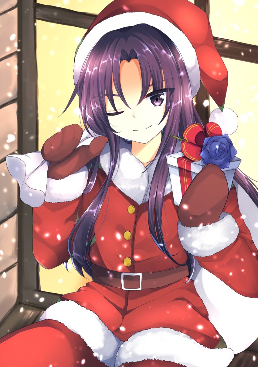 1other ;) androgynous belt brown_belt brown_mittens christmas clause_(len&#039;en) closed_mouth commentary_request fur-trimmed_headwear fur-trimmed_jacket fur-trimmed_sleeves fur_trim gift hat highres holding holding_gift holding_sack jacket len&#039;en long_hair mittens one_eye_closed other_focus ougi_hina pants parted_bangs purple_eyes purple_hair red_hat red_jacket red_pants sack santa_costume santa_hat sitting smile solo
