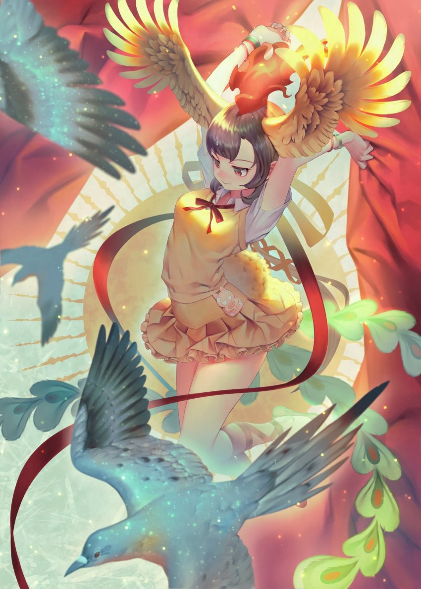 1girl arms_up bird black_hair bracelet breasts collared_shirt feathers full_body hi_no_tori_(kemono_friends) highres jewelry kemono_friends long_hair medium_breasts mifu_(b24vc1) pleated_skirt red_eyes red_neckwear red_ribbon ribbon shirt short_sleeves skirt smile solo vest white_shirt wings yellow_skirt yellow_vest