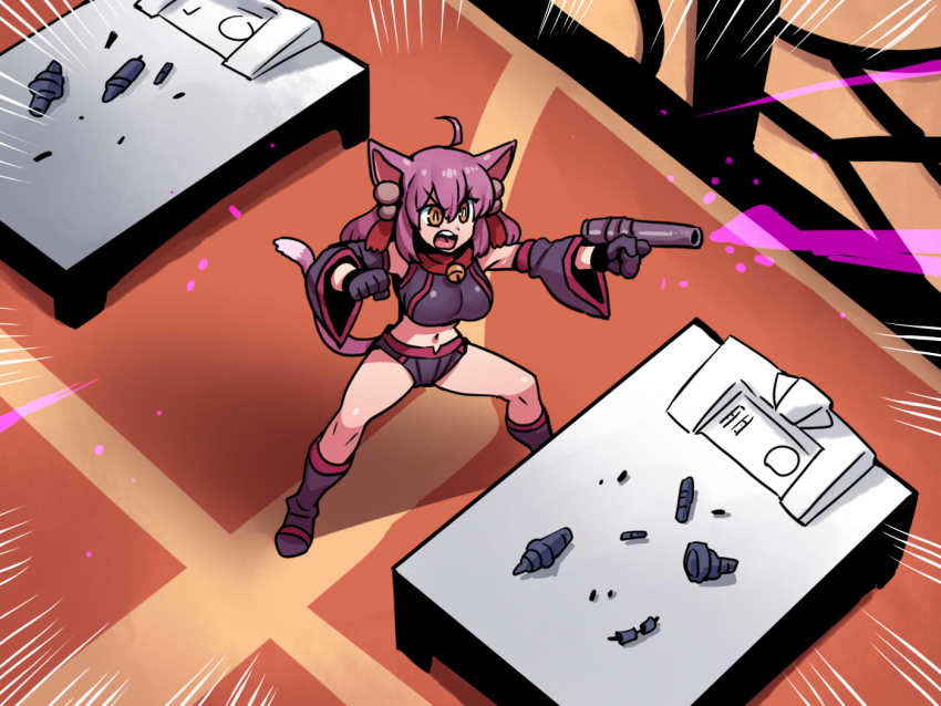 1girl animal_ears cat_ears cat_tail galvatron gloves gun laser purple_hair tail transformers tukiwani weapon