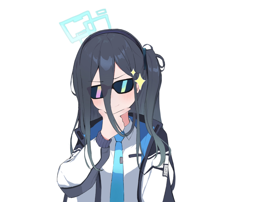 1girl aris_(blue_archive) black_hair black_hairband blue_archive blue_halo blue_necktie blush closed_mouth collared_shirt commentary_request gradient_hair hair_between_eyes hairband halo highres jacket long_hair_between_eyes multicolored_hair necktie one_side_up open_clothes open_jacket shin_121 shirt simple_background smile solo sunglasses white_background white_shirt