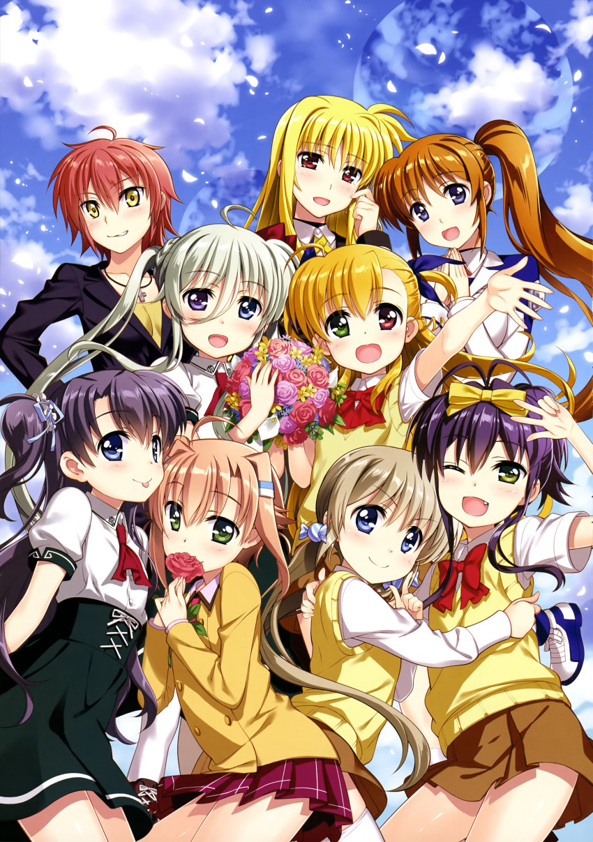 6+girls :d ;d absurdres ahoge antenna_hair black_jacket black_skirt blonde_hair blue_eyes blue_ribbon blue_sky blunt_bangs blush bouquet bow bowtie brown_hair brown_skirt cloud collarbone corona_timir day einhard_stratos fang fate_testarossa floating_hair flower fujima_takuya green_eyes grin hair_bow hair_ribbon head_tilt heterochromia high-waist_skirt highres holding holding_bouquet holding_flower index_finger_raised jacket jewelry long_hair lyrical_nanoha mahou_shoujo_lyrical_nanoha_vivid miniskirt miura_rinaldi multiple_girls necklace nove_(nanoha) numbers_(nanoha) official_art one_eye_closed open_mouth outdoors pleated_skirt purple_eyes purple_flower purple_hair purple_rose red_bow red_eyes red_flower red_hair red_neckwear red_rose red_skirt ribbon rio_wezley rose school_uniform shirt short_hair short_sleeves side_ponytail sidelocks silver_hair skirt sky smile takamachi_nanoha twintails two_side_up very_long_hair vest vivio w white_ribbon white_shirt yellow_blazer yellow_bow yellow_flower yellow_shirt yellow_vest yumina_enclave yuri