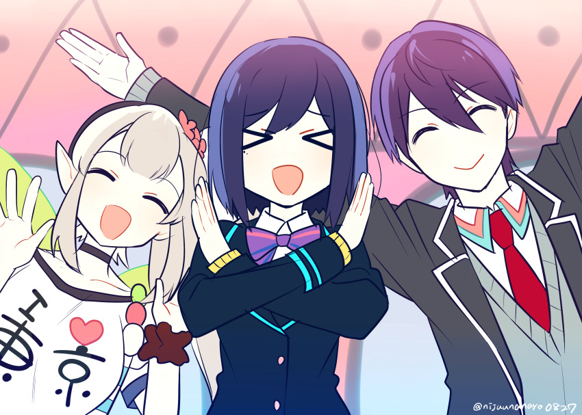 &gt;_&lt; 1boy 2girls :d ^_^ absurdres arms_up black_choker black_jacket blazer blue_hair breasts brown_hair choker closed_eyes closed_mouth collarbone collared_shirt elu_(1st_costume)_(nijisanji) elu_(nijisanji) facing_viewer fairy_wings green_wings grey_sweater hair_between_eyes highres i_heart... jacket kenmochi_touya kenmochi_touya_(1st_costume) long_hair medium_breasts multiple_girls necktie nijisanji ninahachi open_clothes open_jacket open_mouth purple_hair red_necktie school_uniform shirt shizuka_rin shizuka_rin_(1st_costume) short_hair side_ponytail smile sweater twitter_username upper_body virtual_youtuber white_shirt wings x_arms xd