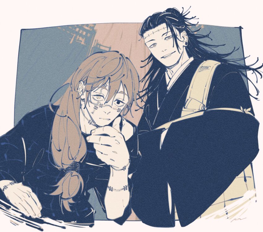 2boys building closed_mouth crew_neck cropped_torso cursed_spirit_(jujutsu_kaisen) earrings getou_suguru getou_suguru_(kenjaku) hair_between_eyes heterochromia highres jewelry jujutsu_kaisen limited_palette long_hair long_sleeves looking_at_viewer mahito_(jujutsu_kaisen) male_focus mim_(mimya0600) multiple_boys parted_lips piercing shirt smile stitched_arm stitched_face stitched_forehead stitched_neck stitched_wrist stitches teeth wide_sleeves