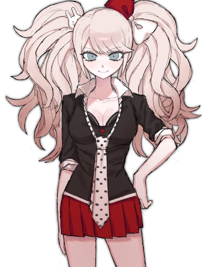 1girl black_bra black_shirt bow bra breasts cleavage collarbone cowboy_shot danganronpa:_trigger_happy_havoc danganronpa_(series) enoshima_junko grey_eyes hair_bow hair_ornament highres long_hair medium_breasts miniskirt necktie polka_dot_necktie rabbit_hair_ornament red_bow red_skirt shirt simple_background skirt smile solo twintails underwear waguwagu090908 white_background