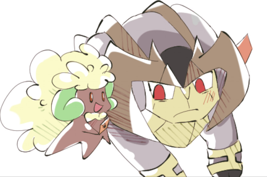artist_request creature floating full_body gameplay_mechanics gen_5_pokemon horns legendary_pokemon looking_at_another nintendo no_humans pokemon pokemon_(creature) smile tag_team teamwork terrakion whimsicott