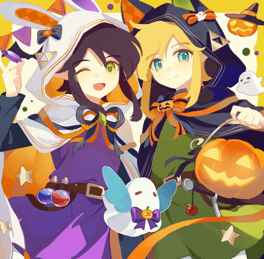 2boys ;d alternate_costume androgynous animal_hood apple bandages belt black_hair black_sleeves blonde_hair blue_bow blue_cloak blue_eyes blue_hood bow brown_belt cloak commentary_request food fruit green_eyes green_tunic halloween halloween_bucket halloween_costume hand_up hat highres holding hood hooded_cloak jack-o&#039;-lantern light_blush link male_focus matching_hairstyle matching_outfits mmmaki_0 multiple_boys naked_bandage nintendo one_eye_closed open_mouth orange_bow pale_skin potion pumpkin purple_tunic rabbit_hood ravio rupee_(zelda) sheerow short_hair_with_long_locks sidelocks smile split_mouth star_(symbol) string_of_flags striped_bow sword the_legend_of_zelda the_legend_of_zelda:_a_link_between_worlds triforce tunic weapon white_cloak white_hood witch_hat wolf_hood yellow_background