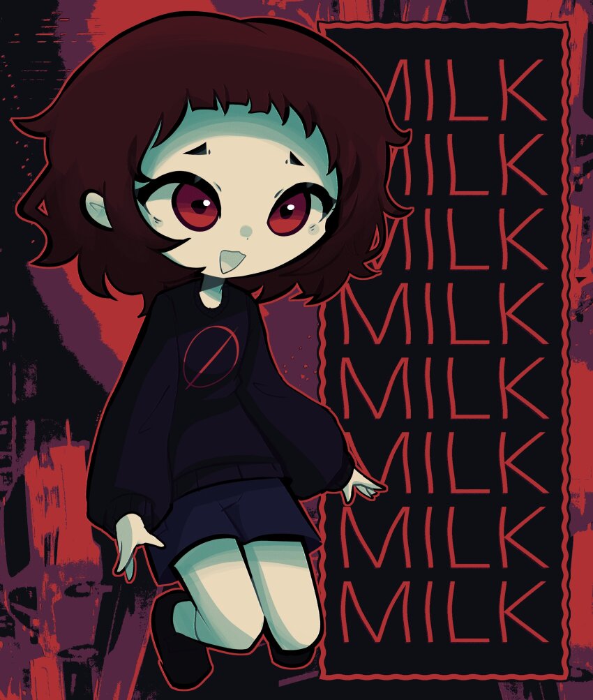 1girl :3 absurdres black_footwear black_shirt black_shorts brown_hair colored_mouth commentary dot_nose english_commentary english_text highres jobaba milk-chan_(milk_series) milk_inside_a_bag_of_milk_inside_a_bag_of_milk open_mouth outline pale_skin print_shirt red_background red_eyes red_outline shirt short_hair shorts smile socks solo toon_(style) wavy_hair