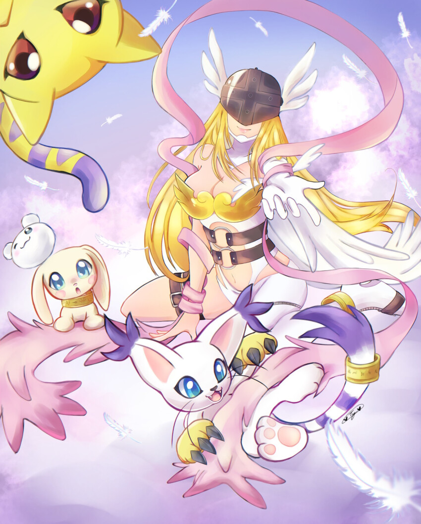 angel angel_girl angewomon animal_ears cat cat_ears digimon digimon_(creature) gloves head_wings highres holy_ring long_hair mask nyaromon plotmon tail tailmon wings yukimibotamon