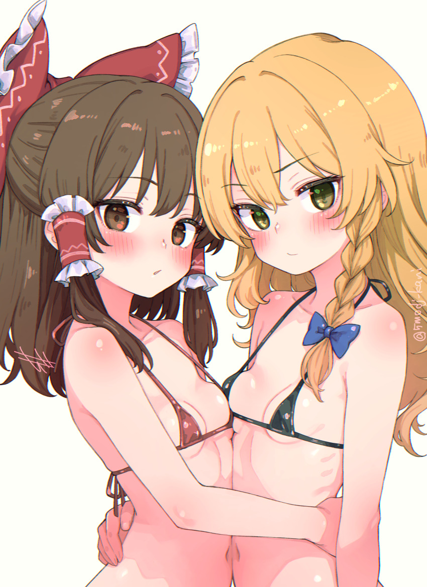 2girls absurdres bare_arms bare_shoulders bikini black_bikini blonde_hair blue_bow bow braid breast_press breasts brown_eyes brown_hair closed_mouth collarbone commentary_request frilled_bow frilled_hair_tubes frills green_eyes hair_bow hair_tubes hakurei_reimu hand_on_another&#039;s_stomach highres kirisame_marisa komodj long_hair looking_at_viewer medium_hair multiple_girls navel parted_lips red_bikini red_bow side_braid sidelocks single_braid small_breasts stomach swimsuit symmetrical_docking textless_version touhou