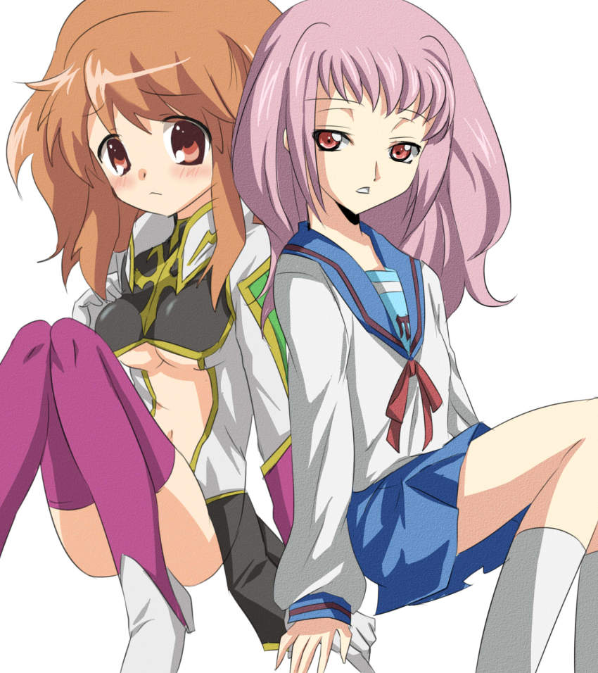 2girls anya_alstreim anya_alstreim_(cosplay) asahina_mikuru asahina_mikuru_(cosplay) bad_id bad_pixiv_id blush breasts code_geass cosplay costume_switch crossover expressionless gotou_yuuko highres maruki_(punchiki) multiple_girls school_uniform serafuku skirt stephanie_sheh suzumiya_haruhi_no_yuuutsu thighhighs underboob voice_actor_connection