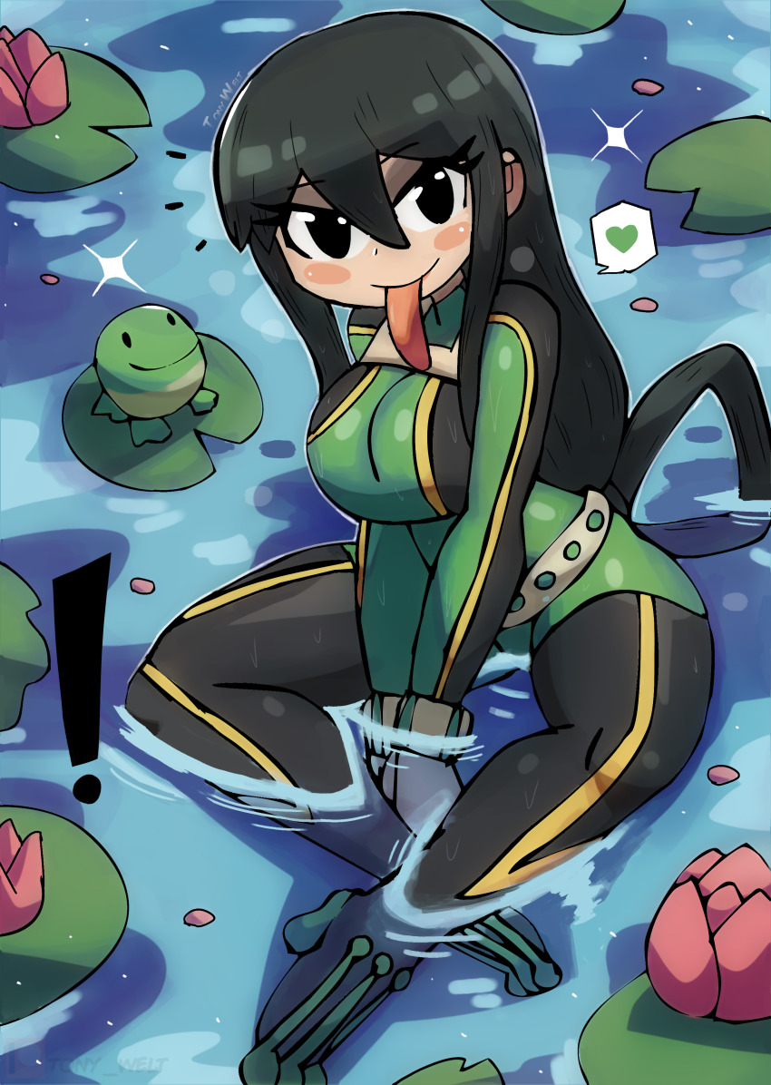 ! 1girl animal asui_tsuyu belt black_boots black_eyes black_hair blush bodysuit boku_no_hero_academia boots breasts flower frog gloves green_bodysuit heart large_breasts lily_pad long_hair long_tongue looking_at_viewer partially_submerged petals pond sitting smile sparkle speech_bubble spoken_heart superhero_costume thick_thighs thigh_boots thighs tongue tongue_out tony_welt tulip water wet wet_clothes white_belt white_gloves wide_hips