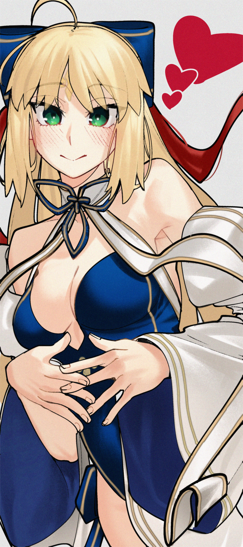 1girl absurdres ahoge armpit_crease artoria_caster_(fate) artoria_caster_(swimsuit_berserker)_(fate) artoria_caster_(swimsuit_berserker)_(third_ascension)_(fate) artoria_pendragon_(fate) bare_shoulders blonde_hair blue_bow blue_one-piece_swimsuit blue_sleeves blush bow breasts casual_one-piece_swimsuit cleavage closed_mouth collarbone detached_sleeves fate/grand_order fate_(series) green_eyes hair_bow heart highres kamisato_sora long_hair looking_at_viewer medium_breasts one-piece_swimsuit own_hands_together parted_bangs simple_background smile solo swimsuit two-tone_sleeves white_background white_sleeves wide_sleeves