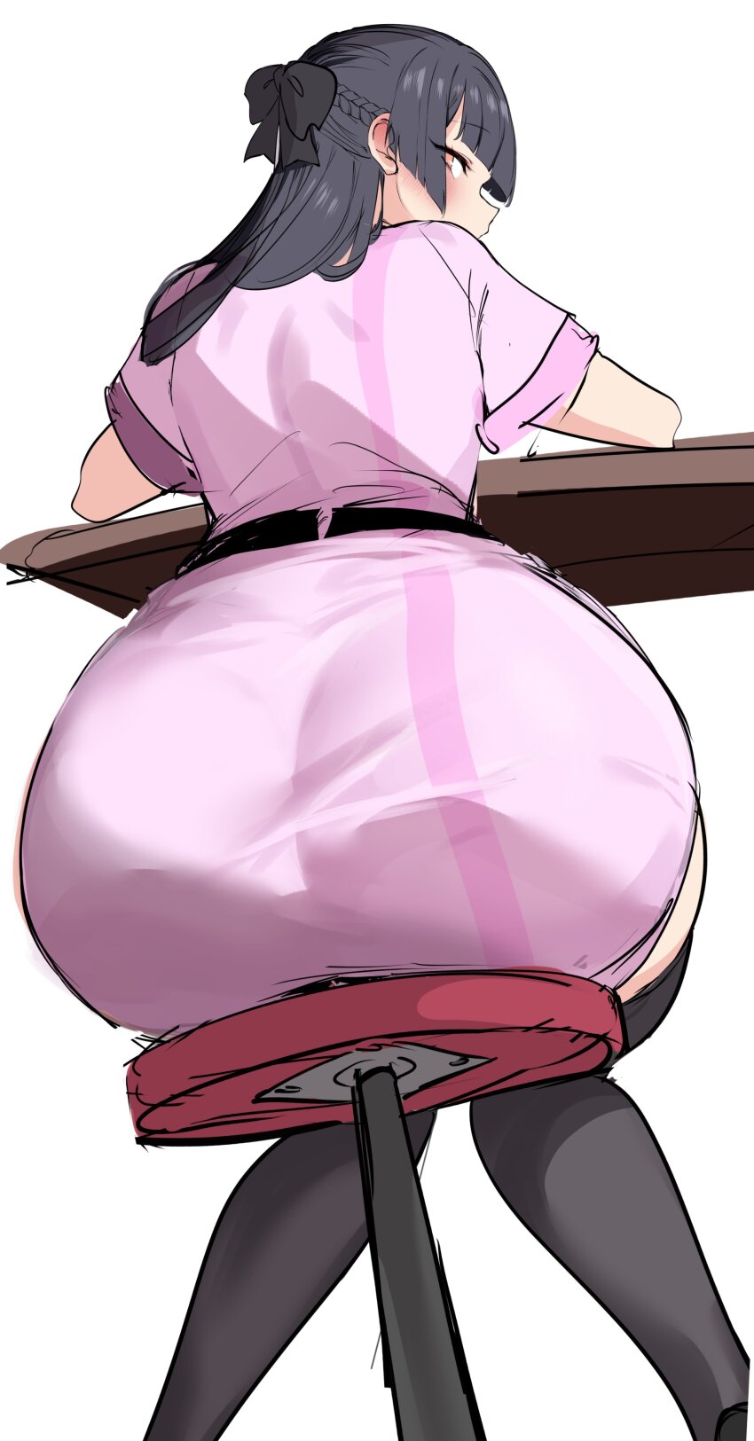 1girl absurdres agetama ass ass_focus black_hair blush bow braid hair_bow highres huge_ass idolmaster idolmaster_shiny_colors looking_at_viewer looking_back mayuzumi_fuyuko orange_eyes short_sleeves simple_background sitting solo stool table thighhighs zettai_ryouiki