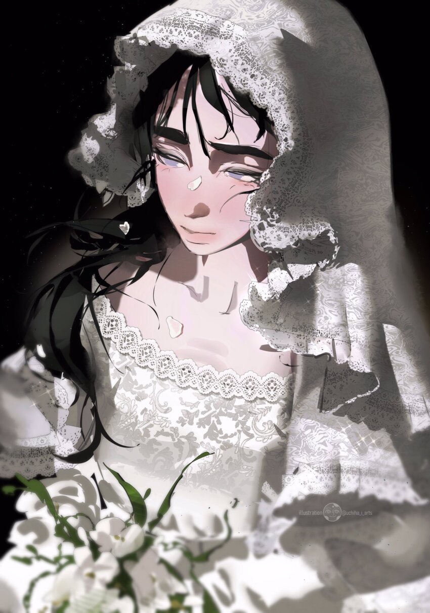 1girl alien_stage black_background black_hair bouquet bridal_veil bride commentary dress english_commentary flower grey_eyes highres holding holding_bouquet lace lace-trimmed_dress lace-trimmed_veil lace_trim long_hair solo sua_(alien_stage) uchiha_i_arts upper_body veil wedding_dress white_dress white_flower white_veil