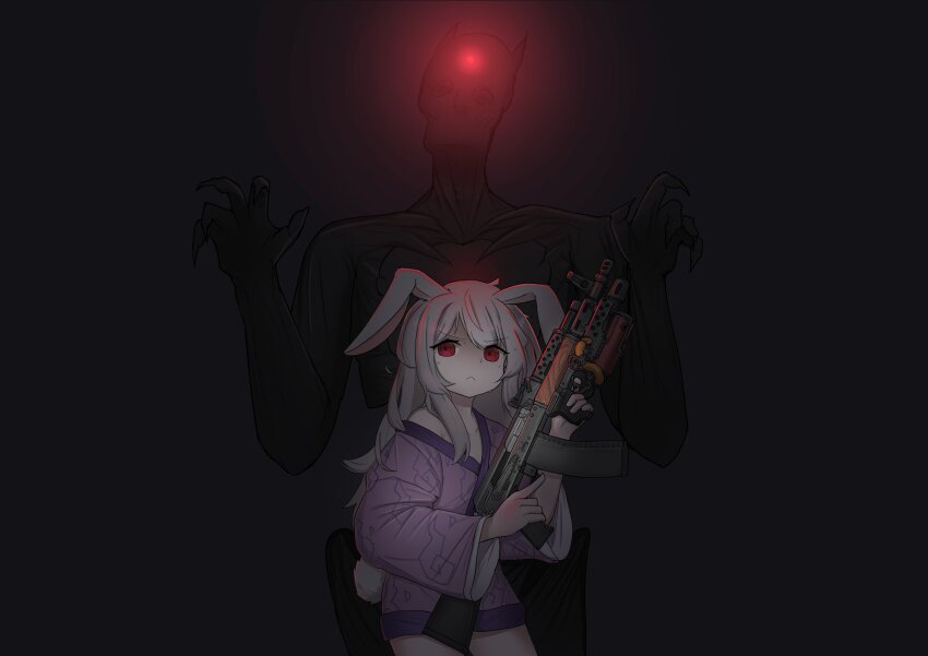 1girl absurdres ak-74m akiyusa animal_ears assault_rifle bare_shoulders black_skin claws colored_skin darkness extra_eyes flamethrower glowing glowing_eye gun highres indie_virtual_youtuber kalashnikov_rifle long_hair monster nervous rabbit_ears rabbit_girl rabbit_tail red_eyes revenant_(rimworld) rifle rimworld rimworld:_anomaly robe srtdrawart sweat tail trigger_discipline virtual_youtuber weapon white_hair