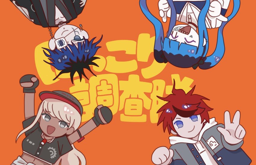 2boys 2girls :d ^_^ amemiya_darumi arms_up black_gloves black_shirt blue_eyes blue_hair closed_eyes commentary crop_top earrings english_commentary eyepatch fingerless_gloves gloves grey_eyes grey_hat grey_jacket haro4869 hat highres hood hoodie jacket japanese_clothes jewelry kawana_tsubasa long_hair looking_at_viewer multicolored_hair multiple_boys multiple_girls nikkori^^chousatai_no_theme_(vocaloid) omokage_yugamu open_mouth orange_background red_hair roots_(hair) shirt short_hair smile sumino_takumi the_hundred_line_-last_defense_academy- two_side_up w white_hoodie