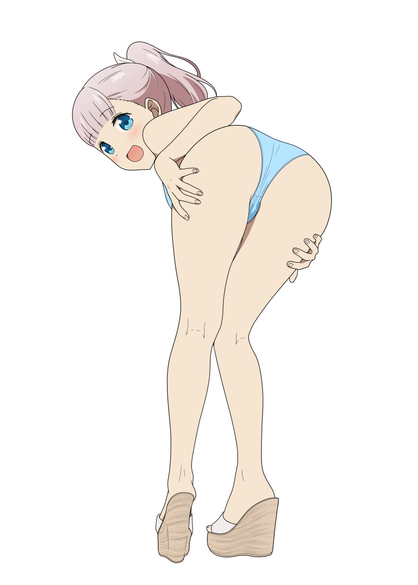 1girl :d absurdres ass bent_over bikini blue_bikini blue_eyes blush coro_fae from_behind fujiwara_chika highres kaguya-sama_wa_kokurasetai_~tensai-tachi_no_renai_zunousen~ long_hair looking_at_viewer open_mouth pink_hair ponytail shoes simple_background smile solo swimsuit white_background