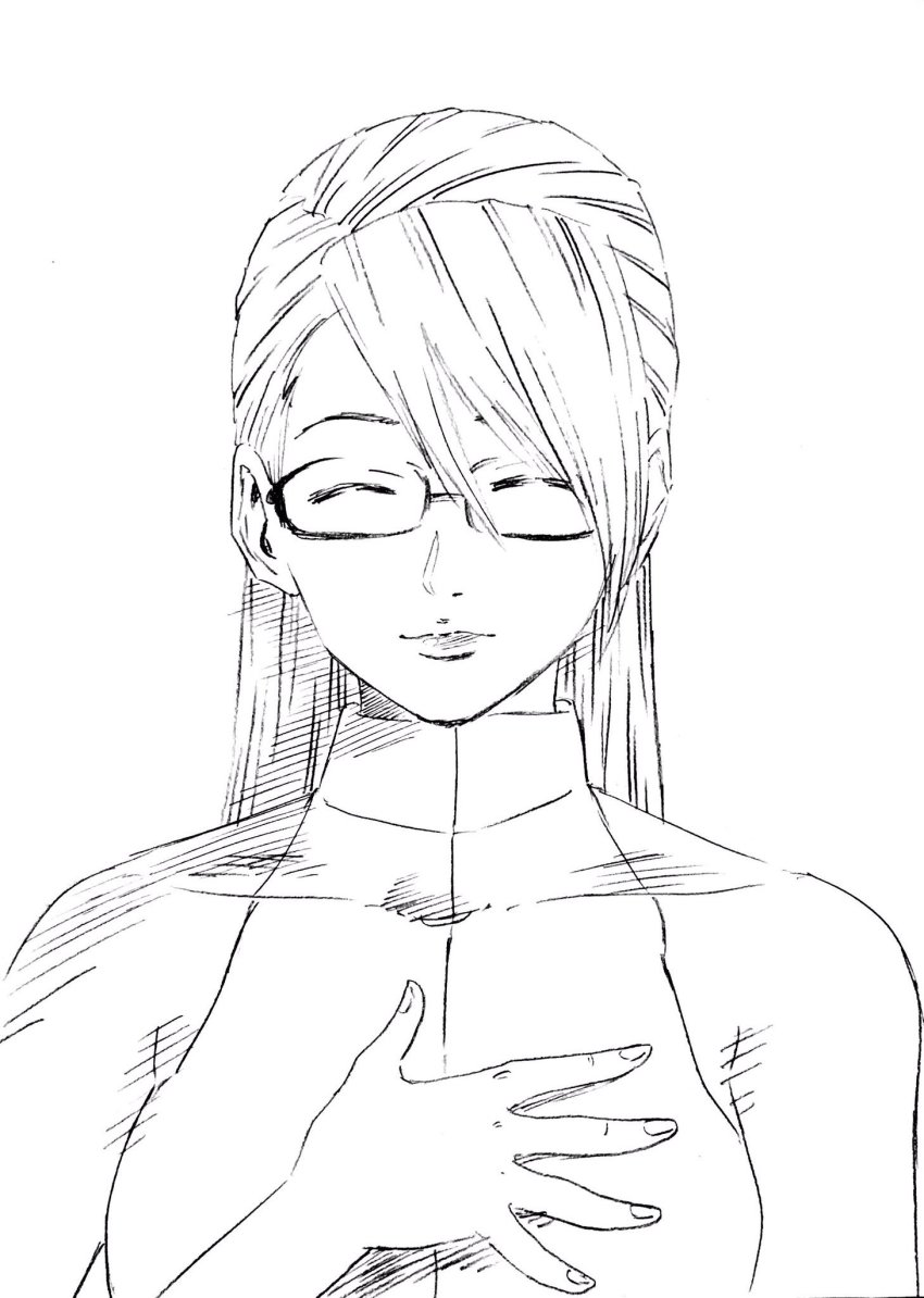 1girl ace_attorney adrian_andrews capcom closed_eyes eyebrows_hidden_by_hair female_focus glasses greyscale hair_over_one_eye hand_on_own_chest hatching_(texture) highres lee_(dragon_garou) monochrome phoenix_wright:_ace_attorney_-_justice_for_all sketch smile solo upper_body