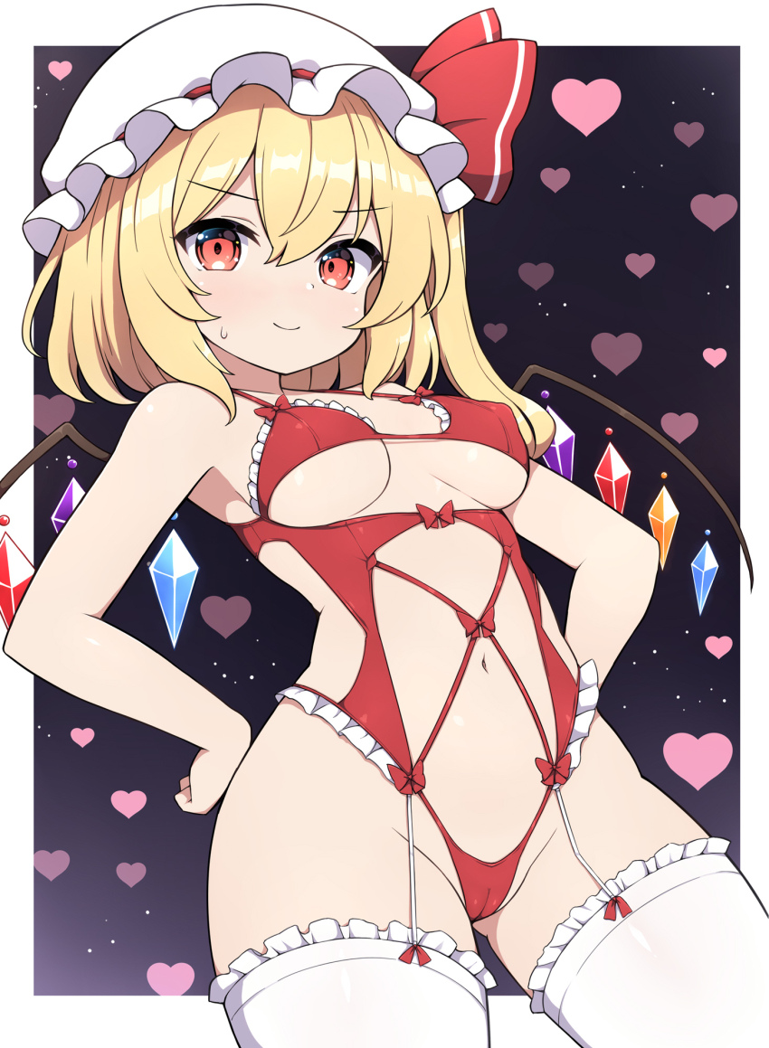 1girl alternate_costume blonde_hair breasts closed_mouth commentary_request crystal crystal_wings flandre_scarlet hat heart heart_background highres medium_breasts medium_hair mob_cap navel red_eyes rizento smile solo thighhighs touhou white_hat white_thighhighs