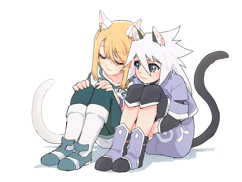 2boys :3 animal_ears azuma_yukihiko blonde_hair blue_eyes cat_boy cat_ears cat_tail genius_sage highres long_sleeves looking_at_another male_focus medium_hair mithos_yggdrasill multiple_boys sitting tail tales_of_(series) tales_of_symphonia trap white_hair yaoi