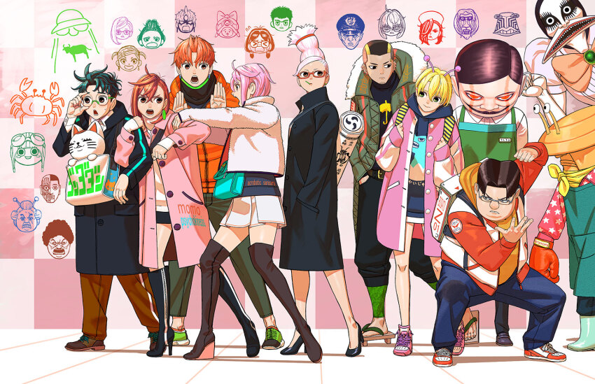 abduction abstract_background adjusting_eyewear alien angry animal_print ankle_boots antennae ape apron aqua_bag aqua_outline aqua_stripes asymmetrical_hair ayase_momo ayase_seiko backpack bag baggy_pants banga_(dandadan) beard_stubble beehive_hairdo bega_masamichi belt belt_buckle big_nose black_coat black_collar black_eyes black_footwear black_hair black_lips black_outline black_pants black_sleeves black_sweater blonde_hair blue_hood blue_hoodie blue_outline blue_pants blush_stickers boots bow bowtie boxing_gloves brooch brown_belt brown_eyes brown_footwear brown_hair brown_outline buckle buttoned_cuffs buttons cat cat_print character_name cheekbones chiquitita closed_eyes closed_mouth coat collar collared_coat collared_jacket collared_shirt collared_sweater colored_skin copyright_name count_saint-germain cow crab dandadan denim drawstring dress_shirt dress_shoes earrings earthbound_spirit_crab_(dandadan) employee_uniform enjoji_jin everyone evil_eye_(dandadan) extra_eyes eyelashes facial_hair facing_viewer fashion fat fat_man fingernails flying_sweatdrops fur-trimmed_collar fur_collar fur_jacket fur_trim gem gloves glowing glowing_eyes goggles gold_buckle grandmother_and_granddaughter green_apron green_coat green_eyes green_footwear green_gemstone green_outline green_pants grey-framed_eyewear hair_between_eyes hair_bun hair_over_one_eye hair_tie half_updo hands_in_pockets hands_up hat head_only high_collar high_heel_boots high_heels highres hood hood_down hoodie in_bag in_container jacket jeans jewelry joo_(dandadan) jpeg_artifacts kashima_reiko_(dandadan) kawabanga_mai kitou_naki knee_boots leaning_forward letterman_jacket locked_arms long_hair long_sleeves looking_at_another looking_at_viewer looking_to_the_side loose_hair_strand mandrill_alien maneki-neko manjiro_(dandadan) mature_female miko_(dandadan) miniskirt mole mole_under_mouth mr._mantis_shrimp muko_(dandadan) name_tag neckerchief no_pupils nurse nurse_cap official_art old old_woman open_mouth orange_bow orange_bowtie orange_hair orange_hood orange_hoodie orange_jacket orange_lips outline pants parted_bangs parted_hair paw_print piercing pink_coat pink_collar pink_hair pink_shirt pink_shoes pink_sleeve_cuffs pink_sleeves pink_stripes pleated_skirt police police_hat print_bag print_hoodie print_shirt print_sweater profile puffy_long_sleeves puffy_short_sleeves puffy_sleeves purple_outline queen_sensei red-framed_eyewear red_eyes red_footwear red_gloves red_lips red_outline red_sleeves rimless_eyewear ririna_(dandadan) rokuro_serpo round_eyewear rubber_boots sakata_kinta sawaki_rin school_nurse second-party_source semi-rimless_eyewear serpo_(dandadan) serpod_dover_demon_nessie shadow sharp_teeth shaved_head shiratori_aira_(dandadan) shirt shoes short_eyebrows short_hair short_sleeves shoulder_bag single_vertical_stripe skinny skirt sleeve_cuffs sleeves_past_wrists smile sneakers standing star_(symbol) star_print stiletto_heels striped_clothes striped_footwear striped_pants stubble sweatdrop sweater swept_bangs takakura_ken_(dandadan) tall_male taro_(dandadan) teeth text_print thigh_boots third_eye toenails toes toothpick track_pants tsurime turbo_granny_(dandandan) turtleneck turtleneck_sweater twintails two-tone_footwear two_side_up ufo umbrella_print unibrow unji_zuma v-shaped_eyebrows vamola_(dandadan) vertical-striped_clothes vertical-striped_footwear vertical-striped_pants vertical-striped_sleeves walking wedge_heels whiskers white_bag white_collar white_footwear white_hair white_jacket white_skin white_skirt white_sleeve_cuffs white_sleeves white_stripes white_sweater wing_collar yellow_neckerchief yukinobu_tatsu zipper