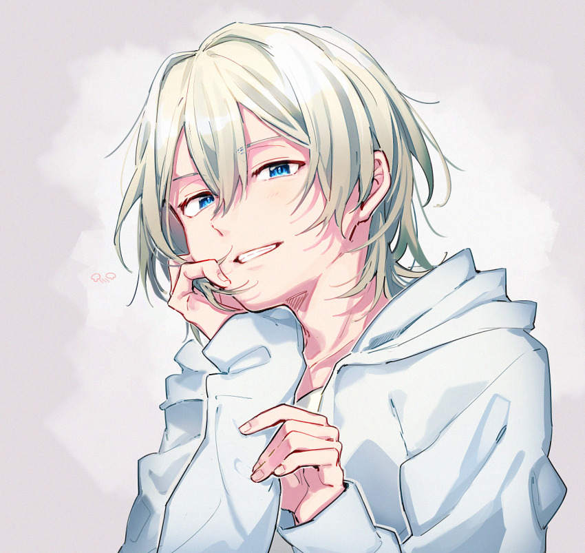 1boy aam09212 adam_(servamp) blonde_hair blue_eyes grey_background highres jacket male_focus servamp short_hair sleepy_ash white_jacket