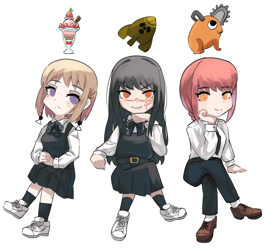 3girls absurdres black_dress black_hair black_pants black_ribbon black_socks chainsaw_man closed_mouth collared_shirt crossed_legs dress fami_(chainsaw_man) food fourth_east_high_school_uniform highres long_sleeves makima_(chainsaw_man) mole mole_under_eye mole_under_mouth multiple_girls multiple_moles neck_ribbon nuclear_weapon orange_eyes pants parfait pinafore_dress pochita_(chainsaw_man) purple_eyes radiation_symbol red_hair ribbon ringed_eyes sagittarius_(cruxhkg) school_uniform shirt simple_background sleeveless sleeveless_dress smile socks white_background white_shirt yellow_eyes yoru_(chainsaw_man)