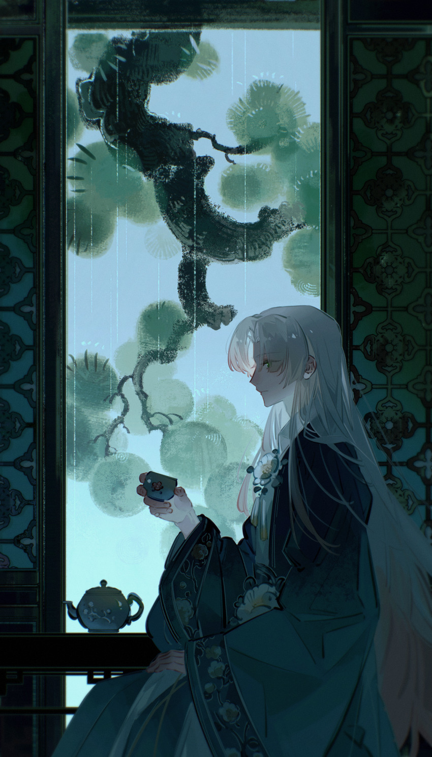 1boy absurdres blunt_ends chinese_clothes closed_mouth coat cup expressionless feet_out_of_frame flower flower_ornament from_side gradient_hair green_coat green_eyes hanfu highres holding holding_cup long_hair long_sleeves longjing_shrimp_(the_tale_of_food) looking_ahead male_focus multicolored_hair parted_bangs pine_tree pink_hair procreate_(medium) profile rain robe shuling sidelighting sidelocks sitting solo table tassel teapot the_tale_of_food tree very_long_hair white_flower white_hair white_robe wide_sleeves window