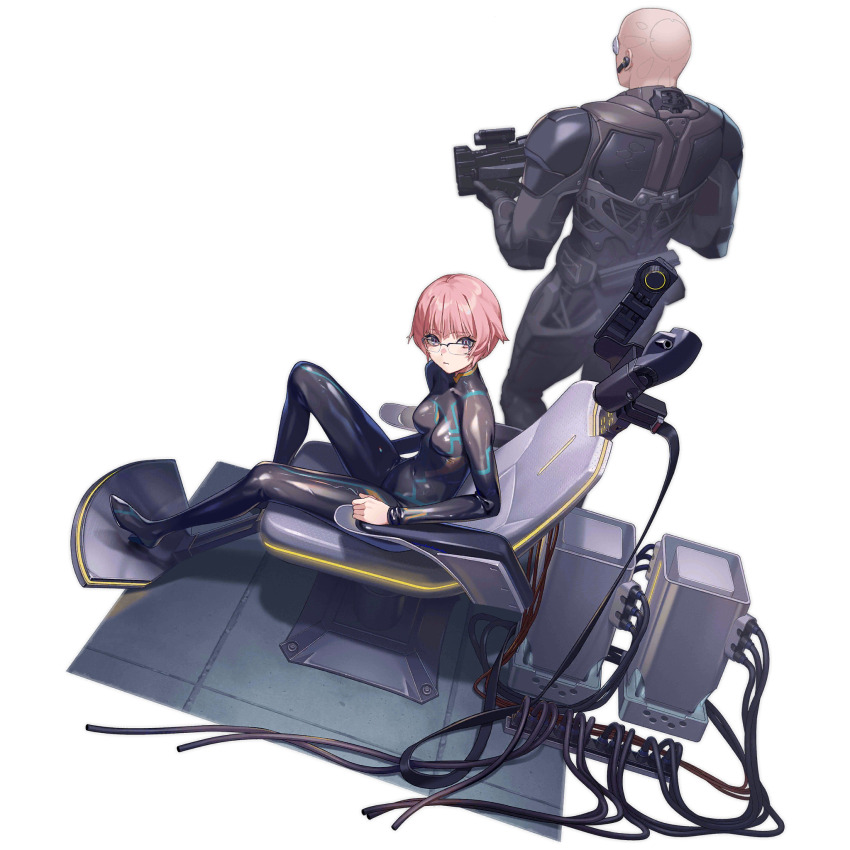 1boy 1girl alternate_costume bald bodysuit boma_(gits) breasts chair crossover cyborg ezaki_purin ghost_in_the_shell ghost_in_the_shell:_sac_2045 girls&#039;_frontline glasses gun highres holding holding_gun holding_weapon looking_at_viewer machinery mecha_pilot_suit official_art pink_hair plugsuit_(evangelion) short_hair third-party_source weapon wire yitiao_er-hua
