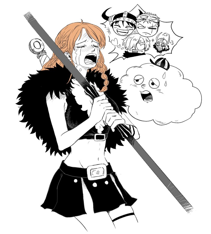 1girl 6+boys angry bare_arms bare_shoulders baseball_cap belt black_capelet black_fur black_skirt braid breasts capelet cleavage clenched_teeth closed_eyes closed_mouth cloud cropped_legs crying fake_horns frown fur_capelet furrowed_brow grin groin hat heart heart-shaped_eyes helmet highres horned_helmet horns jewelry jitome legs_together long_hair looking_at_another lovestruck medium_breasts midriff miniskirt monkey_d._luffy multiple_boys nami_(one_piece) nami_(one_piece)_(elbaf) navel nervous nose one_eye_closed one_piece open_mouth orange_hair roronoa_zoro sad sanji_(one_piece) short_hair simple_background skindentation skirt sktkah_7326 smile solo_focus speech_bubble spot_color staff streaming_tears sweatdrop sword sword_on_back t_t tears teeth thighlet tongue usopp v-shaped_eyebrows weapon weapon_on_back white_background zeus_(one_piece)