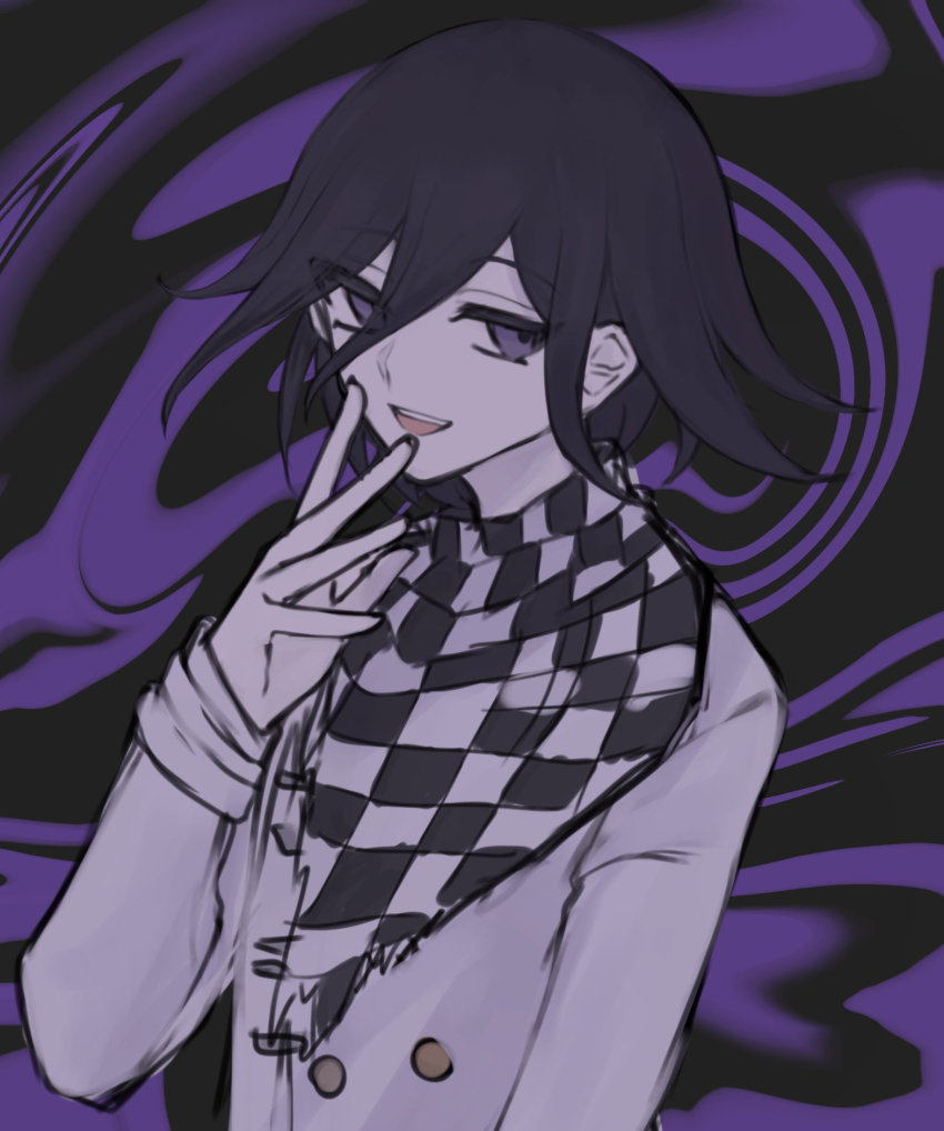 1boy abstract_background black_hair buttons checkered_clothes checkered_scarf colored_skin danganronpa_(series) danganronpa_v3:_killing_harmony distortion flipped_hair hair_between_eyes hand_up highres lll_shino long_sleeves looking_at_viewer male_focus medium_hair oma_kokichi open_mouth purple_background purple_eyes purple_hair purple_theme scarf short_hair smile solo swirl two-tone_scarf upper_body white_skin