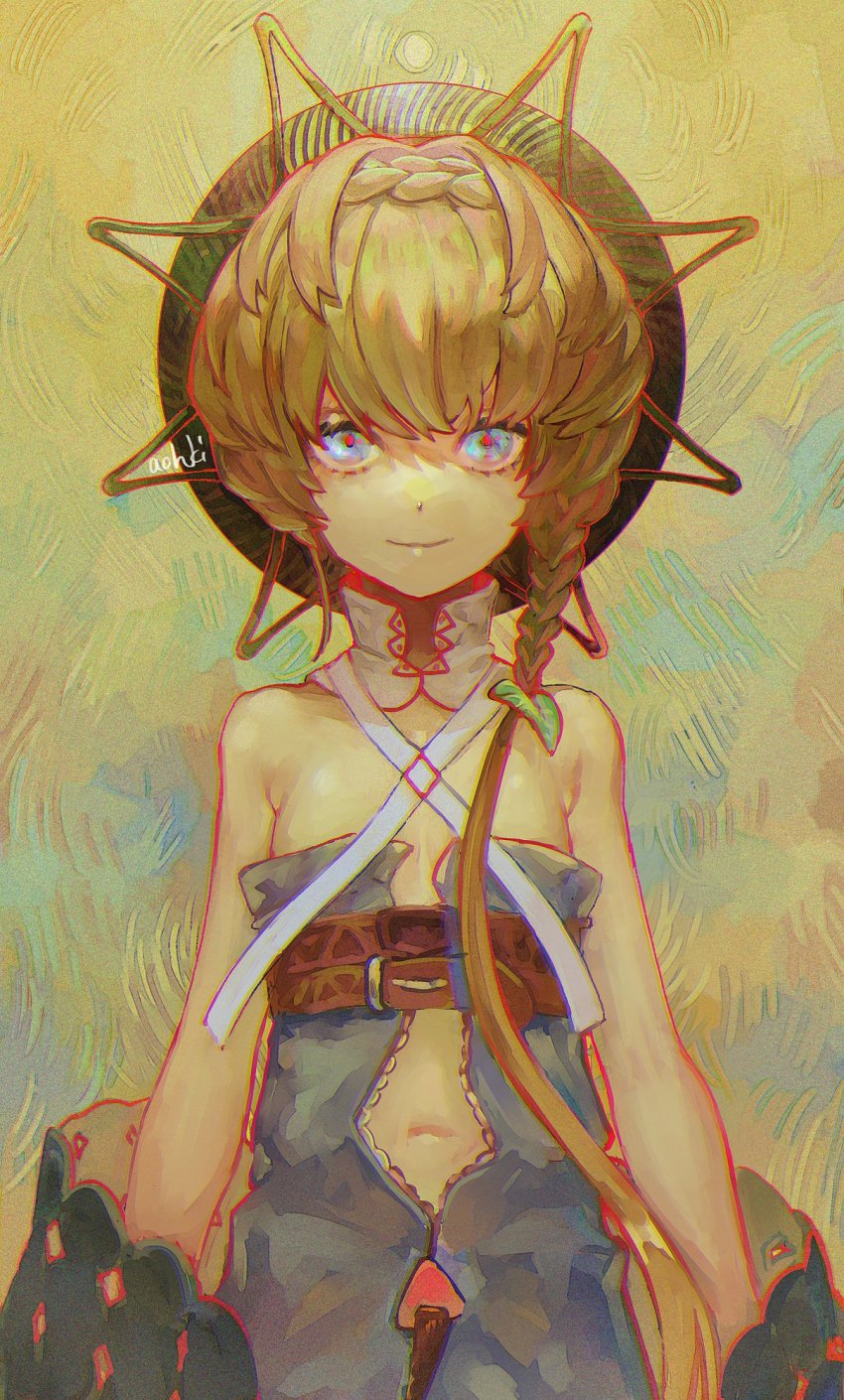 1girl armpit_crease bare_shoulders belt blue_background blue_eyes blue_overalls braid breasts brown_background brown_belt brush_stroke closed_mouth collar crown_braid detached_collar detached_sleeves fate/grand_order fate_(series) faux_traditional_media hair_ornament hat highres leaf_hair_ornament light_brown_hair light_smile looking_at_viewer multicolored_background multiple_belts navel open_clothes overalls painting_(medium) red_pupils short_hair_with_long_locks side_braid signature small_breasts solo staring straw_hat sun traditional_media upper_body van_gogh_(fate) van_gogh_(first_ascension)_(fate) waterstaring white_collar yellow_background yellow_hat zipper zipper_pull_tab