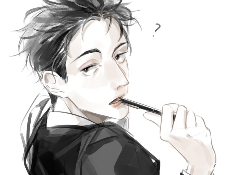 1boy ? black_hair commentary formal_clothes hair_slicked_back highres higuruma_hiromi holding holding_pen jujutsu_kaisen looking_back male_focus nnaramonn pen short_hair simple_background solo suit white_background