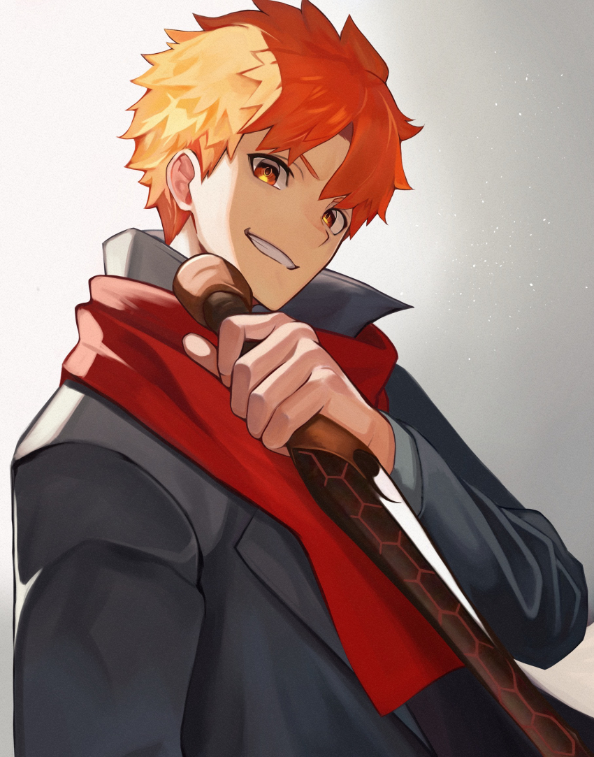 1boy black_jacket dagger emiya_shirou fate/stay_night fate_(series) genshu_doki grey_background hair_between_eyes hand_up highres holding holding_dagger holding_knife holding_weapon jacket kanshou_&amp;_bakuya_(fate) knife long_sleeves looking_at_viewer male_focus neckerchief open_mouth orange_eyes orange_hair red_neckerchief short_hair simple_background smile solo spiked_hair upper_body weapon