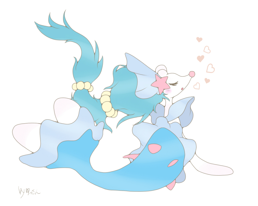 blue_hair closed_eyes eyelashes fins full_body gem gen_7_pokemon hair_ornament hat heart long_hair music nintendo no_humans pearl_(gemstone) pokemon pokemon_(creature) primarina simple_background singing solo spikes starfish starfish_hair_ornament very_long_hair white_background yusan_(yusssankai)