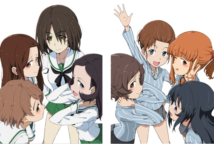 6+girls black_hair blue_eyes blush breasts brown_eyes brown_hair character_request closed_mouth girls_und_panzer green_eyes highres kayabakoro keizoku_school_uniform long_hair looking_at_viewer multiple_girls one_eye_closed ooarai_school_uniform open_mouth orange_hair ponytail reino_(girls_und_panzer) short_hair simple_background small_breasts smile tami_(girls_und_panzer) tongue tongue_out v white_background wink